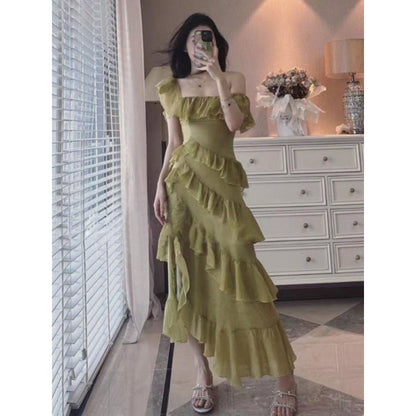 binfenxie-shop alien invasion dress to impress New Irregular Square Collar Ruffled Dress Women's Cake Skirt Temperament Long Skirt