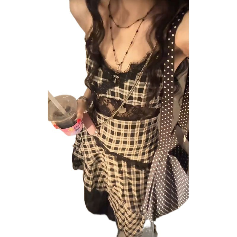 binfenxie-shop harajuku fashion dress to impress Black and White Plaid Lace Stitching Dress Irregular Strap Dress Women's Summer Jeans Stacked Hot Girl Skirt