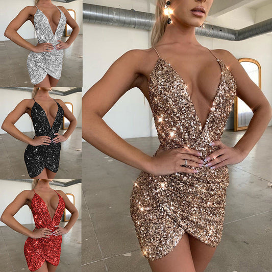 binfenxie-shop frat outfits Spring and Summer Fashion Trend Sexy Deep V Strap Sequins Shiny Dress