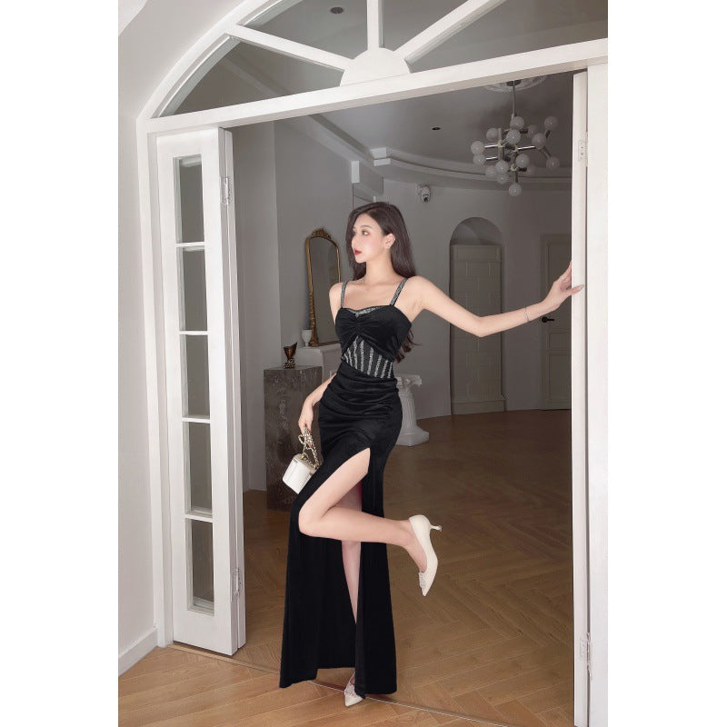 binfenxie Dress to Impress Codes Autumn Fashion Elegant Sexy Dress Slimming Evening Dress Low-Cut Velvet Dress for Women