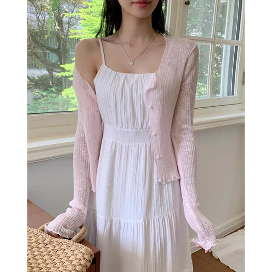 binfenxie-shop church outfit Chic Korean Style Summer French Gentle Sweet Square Collar Pleated Holiday Casual Cake Skirt Sling Dress