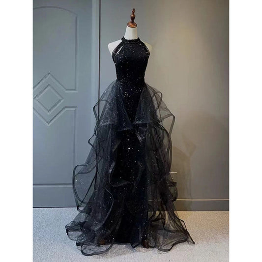 binfenxie-shop witch dress to impress Black Evening Dress for Women 2024 New Light Luxury Niche High-End High-End Sense Trailing Birthday Party Host Adult Ceremony