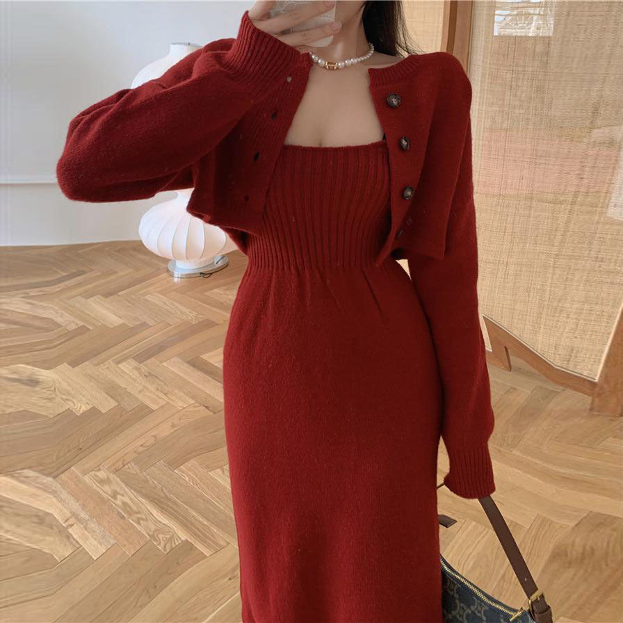 binfenxie-shop korean fashion Korean Style Chanel Style Knitted Cardigan Sweater for Women 2024 Autumn and Winter New Elegant Strap Dress Two-Piece Suit