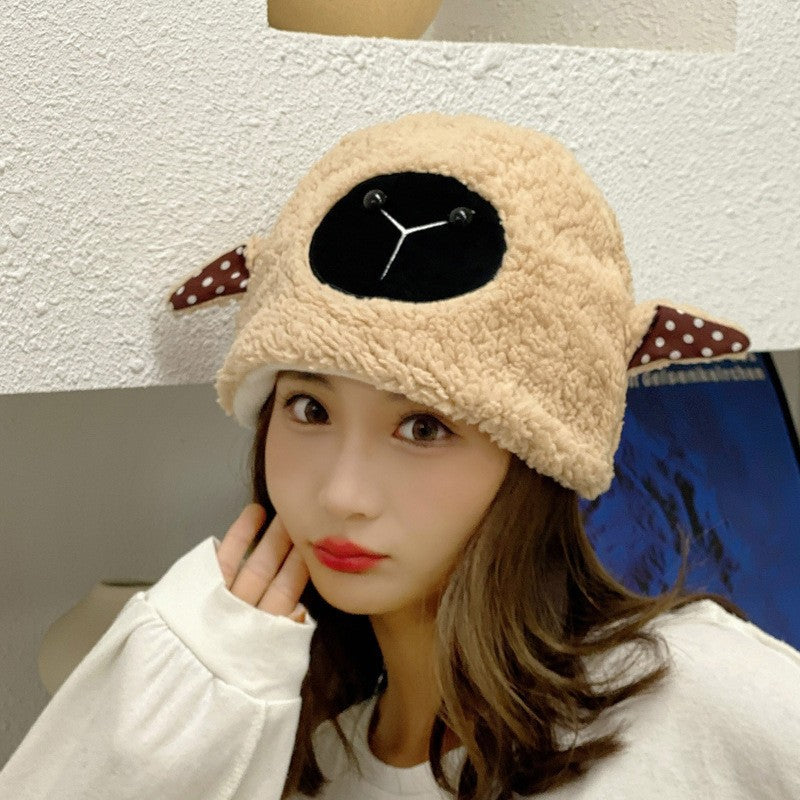 binfenxie-shop lolíta fashion dress to impress Hat Female Winter Cute Cartoon Lamb Ears Fisherman Hat All-Match Warm Lamb Plush Ear Protection Basin Hat