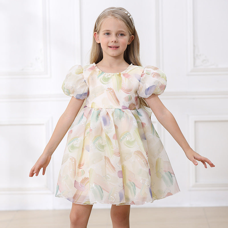 Factory Direct Sales Puff Sleeve Bow Girls Dress Summer Baby Full-Year Birthday Banquet Girls Princess Dress