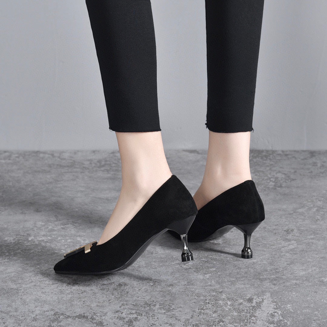 Women's shoes early spring new style pointed toe shallow mouth single toe layer cowhide seven-word buckle high heels stiletto women's work shoes