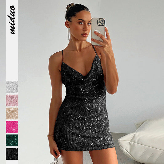 binfenxie-shop jester dress to impress New Sexy Hot Girl Sequined Hip Skirt Autumn Women's Backless Suspender Skirt Sequined Dress