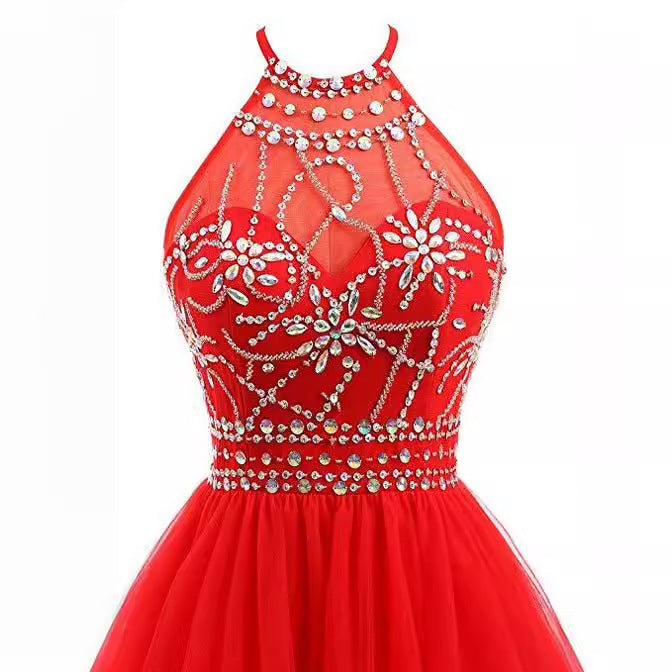 binfenxie-shop dresses Slim-Fit Small Dress Halter Short Bridal Wedding Dress Banquet Evening Dress Lace New Red Women