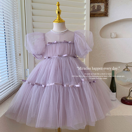 Girls Dress Summer New Children's Western Style Puff Sleeve Tulle Skirt Baby Girl Super Fairy Puffy Gauze Princess Dress