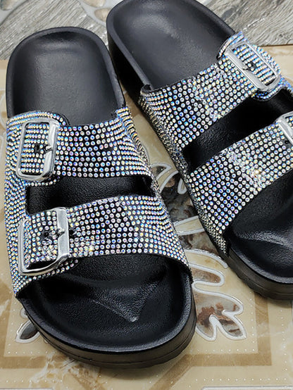 Rhinestone Twin Buckle Slippers