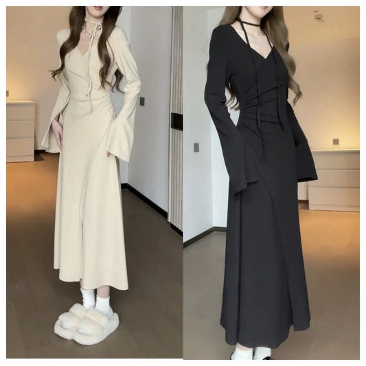 binfenxie-shop supernatural dress to impress Girl Style V-neck Irregular Waist Pleated Long Sleeve Lace-up Dress Slimming Autumn New Dress