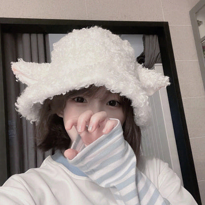 binfenxie-shop lolíta fashion dress to impress Hat Female Winter Cute Cartoon Lamb Ears Fisherman Hat All-Match Warm Lamb Plush Ear Protection Basin Hat