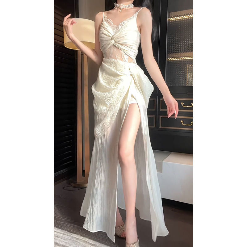 binfenxie-shop frat outfits French Style Open Waist Hollow-out Sling Dress Sexy Elegant Socialite Design Sense Seaside Holiday Long Skirt