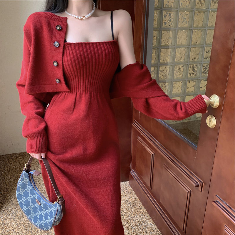 binfenxie-shop korean fashion Korean Style Chanel Style Knitted Cardigan Sweater for Women 2024 Autumn and Winter New Elegant Strap Dress Two-Piece Suit