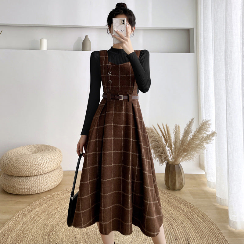 binfenxie-shop witch dress to impress New Vintage Plaid Woolen Vest Camisole Dress Women's Small Preppy Style Dress