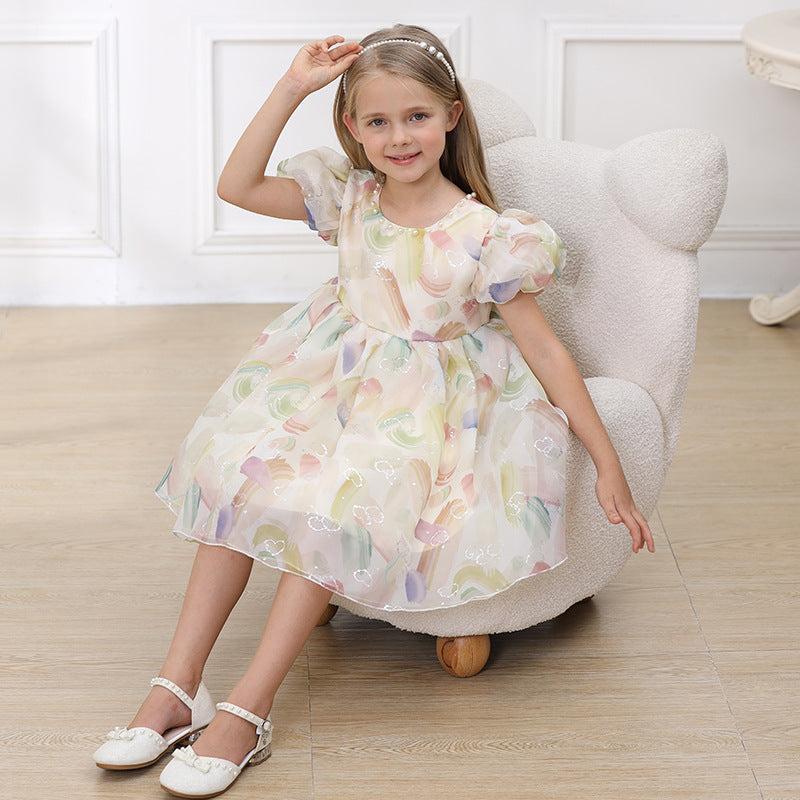 Factory Direct Sales Puff Sleeve Bow Girls Dress Summer Baby Full-Year Birthday Banquet Girls Princess Dress