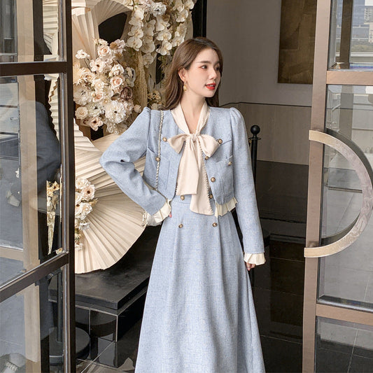 binfenxie-shop work outfits women French Style Chanel Style Elegant Socialite Western Style Blue Dress Two-Piece Suit New Women's Autumn