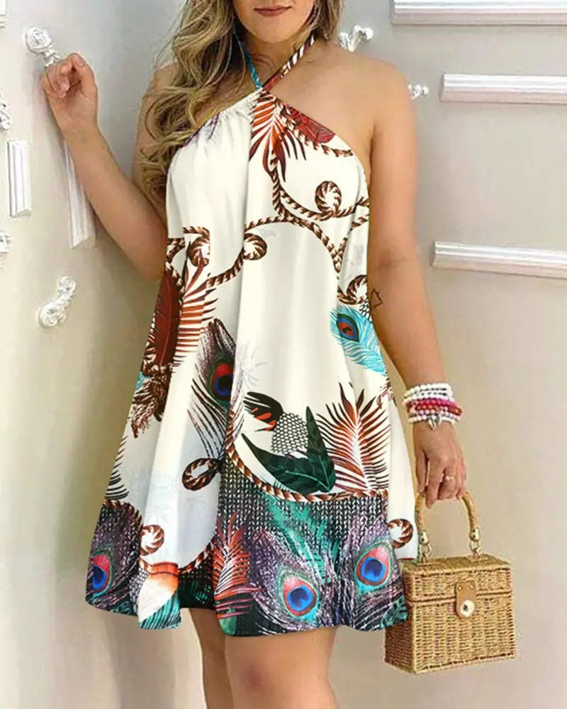 2024 New  Hot Summer Printing off-Shoulder Halter Lace-up Loose Women's Wear Dress Women