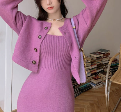 binfenxie-shop korean fashion Korean Style Chanel Style Knitted Cardigan Sweater for Women 2024 Autumn and Winter New Elegant Strap Dress Two-Piece Suit