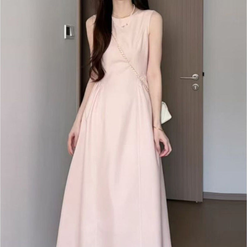 binfenxie-shop drama dress to impress 2024 Pink Temperament Sleeveless Vest Dress Mid-Length Dress French Slimming High-End Chic Beautiful Dress