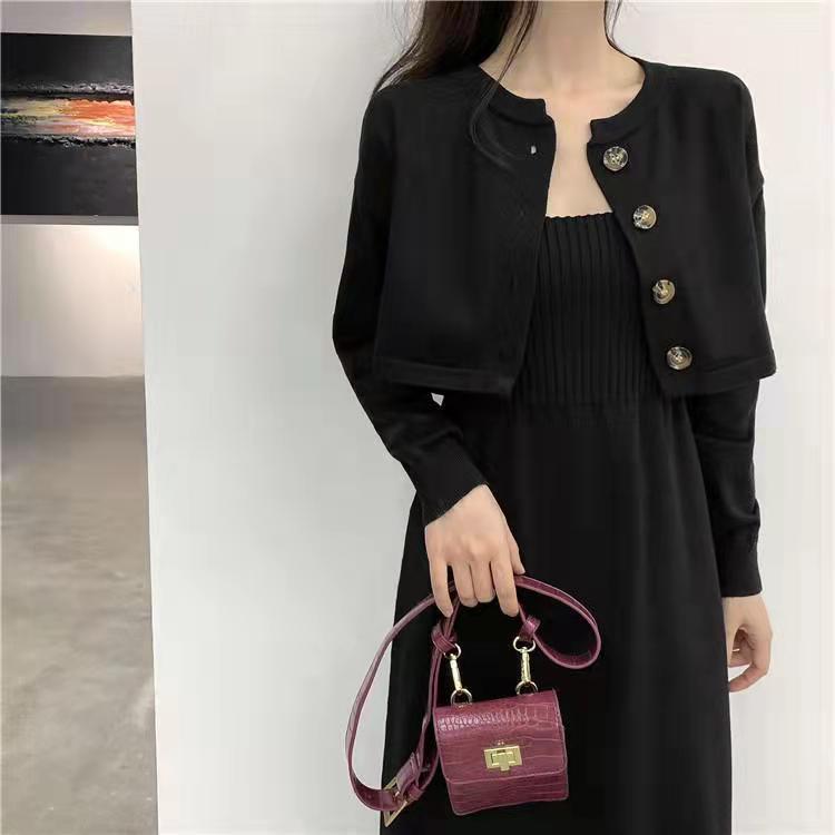 binfenxie-shop korean fashion Korean Style Chanel Style Knitted Cardigan Sweater for Women 2024 Autumn and Winter New Elegant Strap Dress Two-Piece Suit