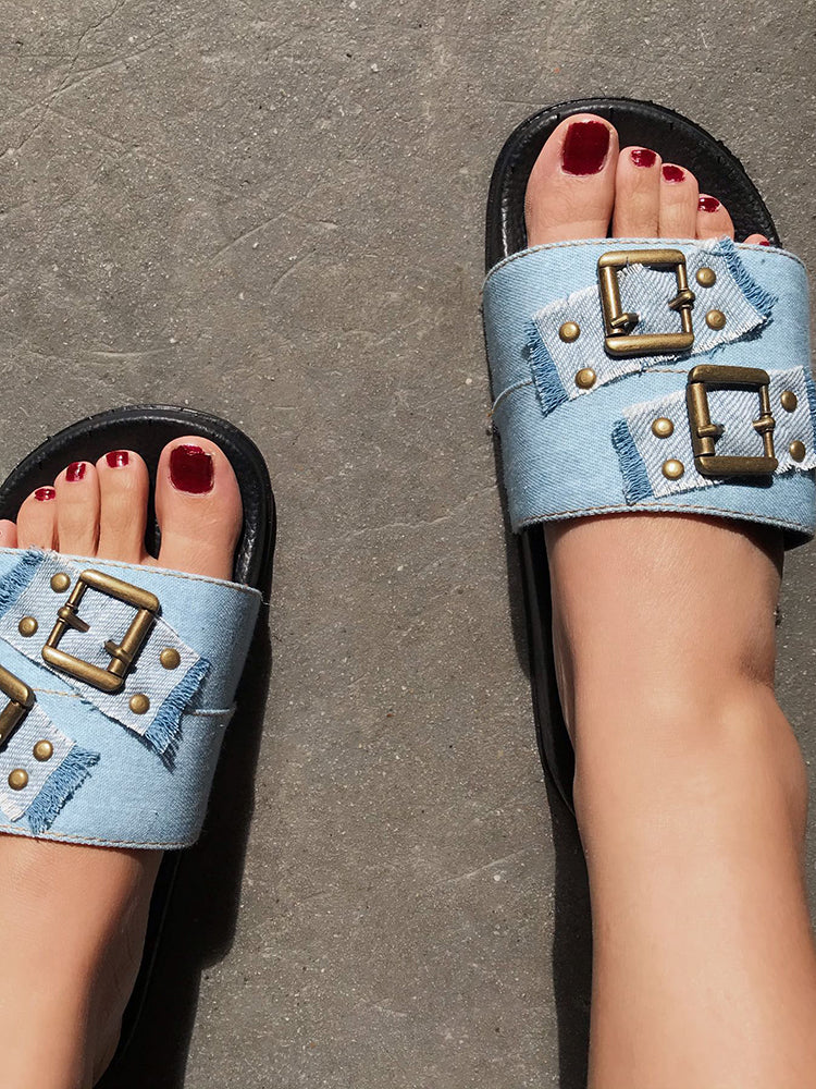 Denim Studded Buckle Slippers