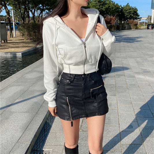 binfenxie-shop Autumn and Winter New Korean Style Hooded High Waist Casual Zipper Cardigan Coat Fashionable Sports Short Sweater Women's Fashion