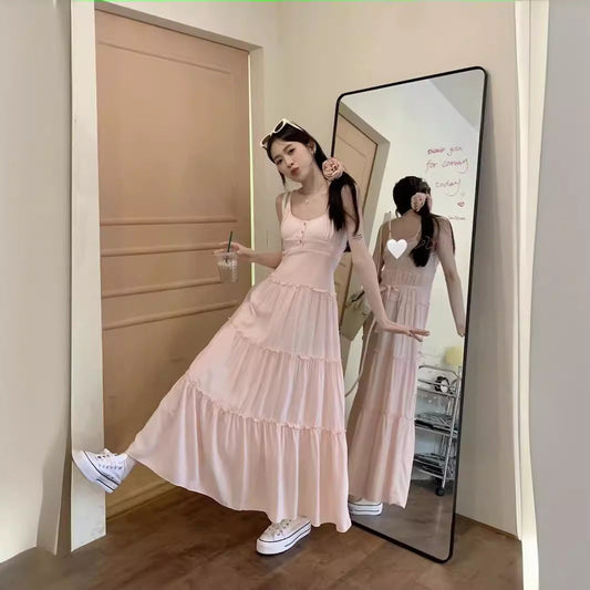 binfenxie-shop church outfit Pink Strap Dress Women's Summer New Tight Waist Skirt Small French Gentle Style A- line Dress Long Skirt