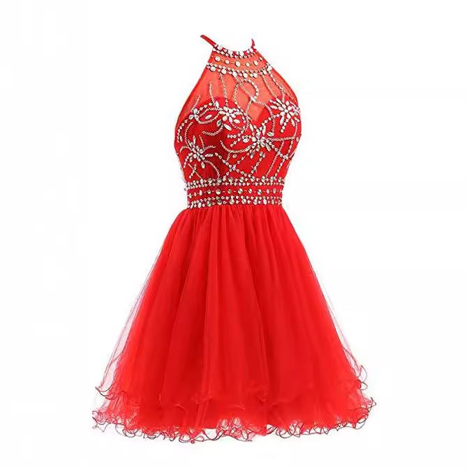 binfenxie-shop dresses Slim-Fit Small Dress Halter Short Bridal Wedding Dress Banquet Evening Dress Lace New Red Women