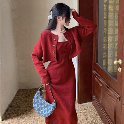 binfenxie-shop korean fashion Korean Style Chanel Style Knitted Cardigan Sweater for Women 2024 Autumn and Winter New Elegant Strap Dress Two-Piece Suit