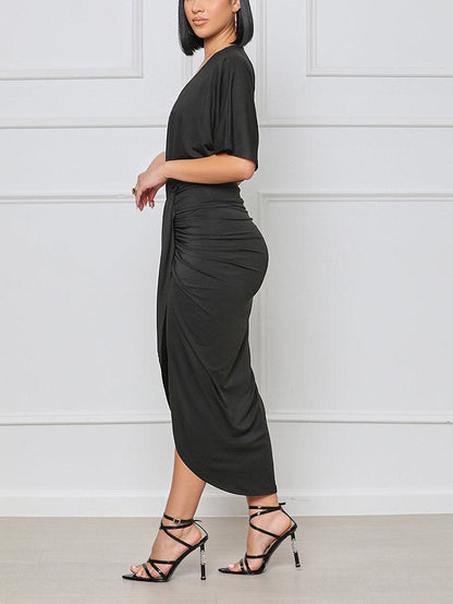 V Neck Ruched Wrap Slit Dress