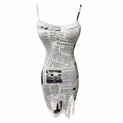 binfenxie-shop 2000s fashion Sexy Hot Girl Design Newspaper Print Lace Edge Split Suspender Skirt Slim Fit Sheath Dress Women