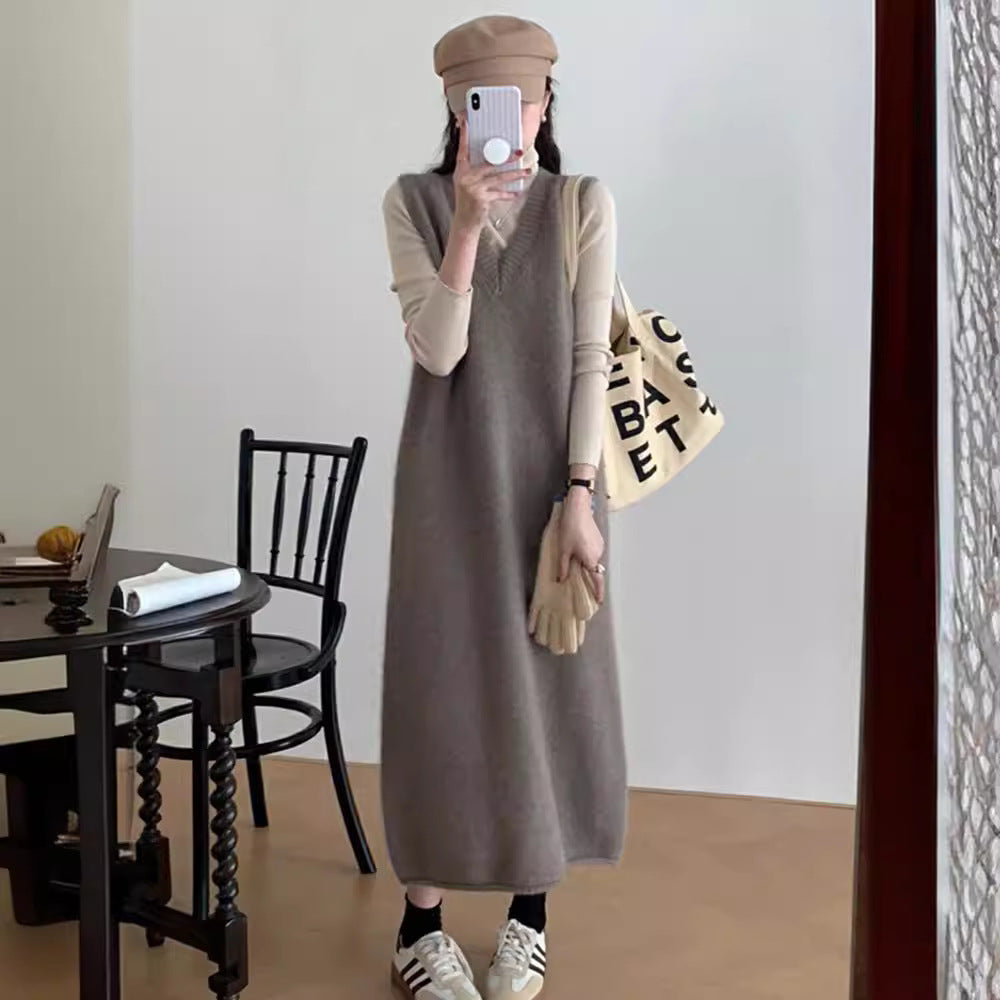 binfenxie-shop dress to impress outfits V-neck Long Vest Sleeveless Sweater Dress Women's Autumn and Winter Loose Belly Covering Temperament Mid-Length Knitted Skirt