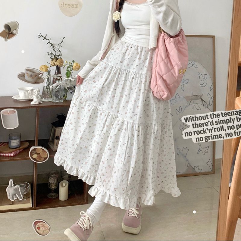 binfenxie 90s fashion Young-Looking Wooden Ear Small Fresh Floral Skirt Women's Japanese Soft Girl Niche Super Sweet Stitching Cake Dress