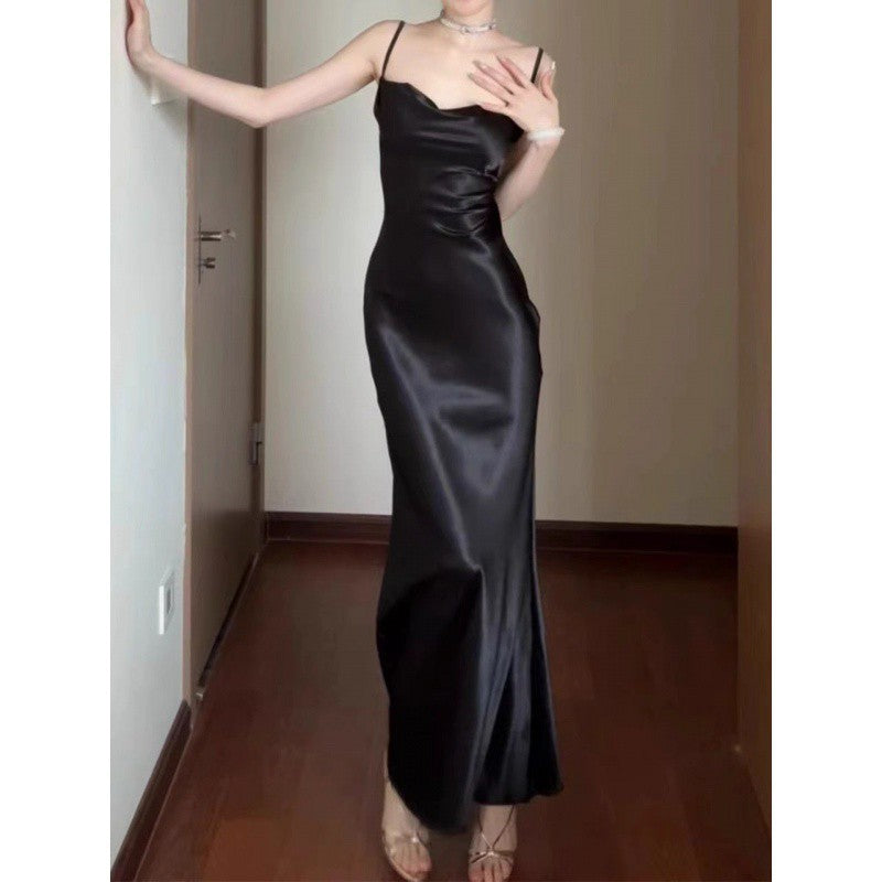 binfenxie-shop dresses French Style Elegant Satin Sling Dress Women's 2024 Summer New Design Waist-Tight Sheath Dress