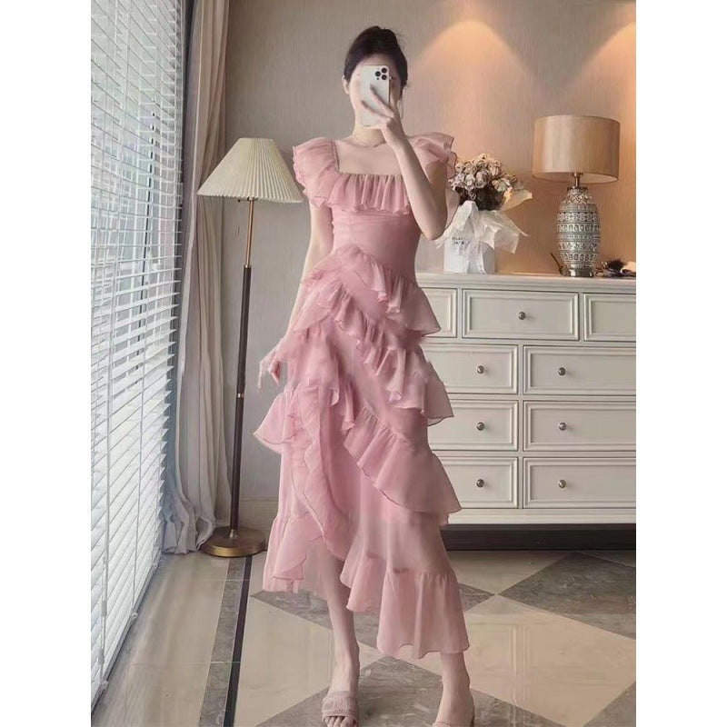 binfenxie-shop alien invasion dress to impress New Irregular Square Collar Ruffled Dress Women's Cake Skirt Temperament Long Skirt