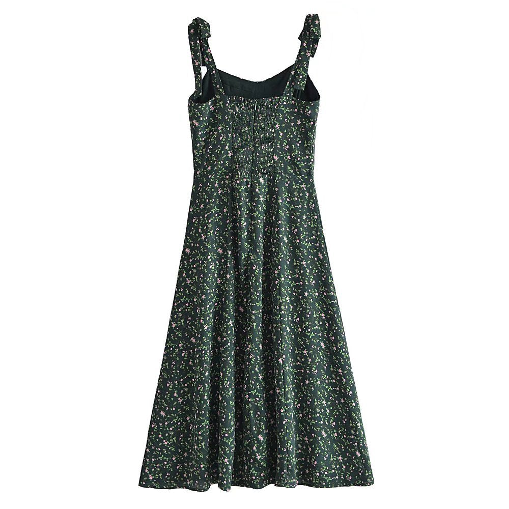 binfenxie-shop indie dress to impress Summer French Style Retro Dark Green Small Floral Slim Waist Long Sling Dress