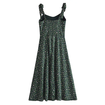 binfenxie-shop indie dress to impress Summer French Style Retro Dark Green Small Floral Slim Waist Long Sling Dress