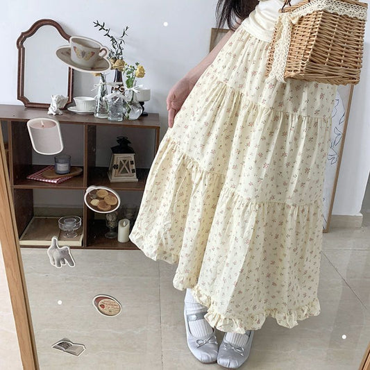 binfenxie 90s fashion Young-Looking Wooden Ear Small Fresh Floral Skirt Women's Japanese Soft Girl Niche Super Sweet Stitching Cake Dress