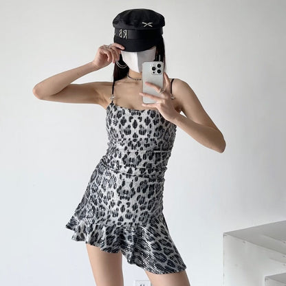 binfenxie outfit inspo Summer New Leopard Print Hot Girl Sexy Sequined Hip Irregular Hem Sling Dress