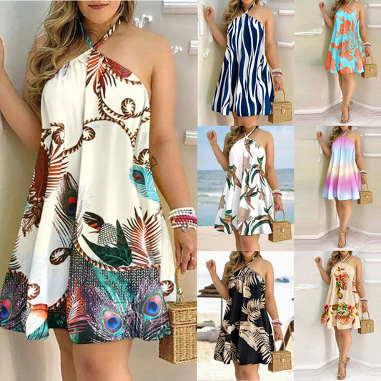 2024 New  Hot Summer Printing off-Shoulder Halter Lace-up Loose Women's Wear Dress Women