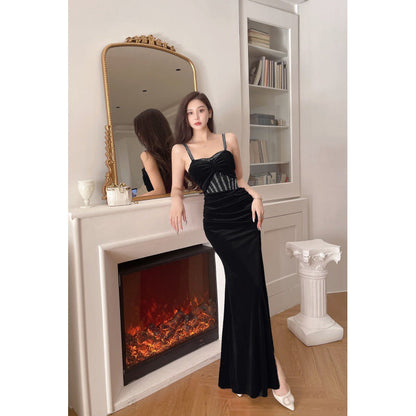 binfenxie Dress to Impress Codes Autumn Fashion Elegant Sexy Dress Slimming Evening Dress Low-Cut Velvet Dress for Women