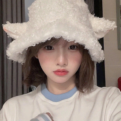 binfenxie-shop lolíta fashion dress to impress Hat Female Winter Cute Cartoon Lamb Ears Fisherman Hat All-Match Warm Lamb Plush Ear Protection Basin Hat