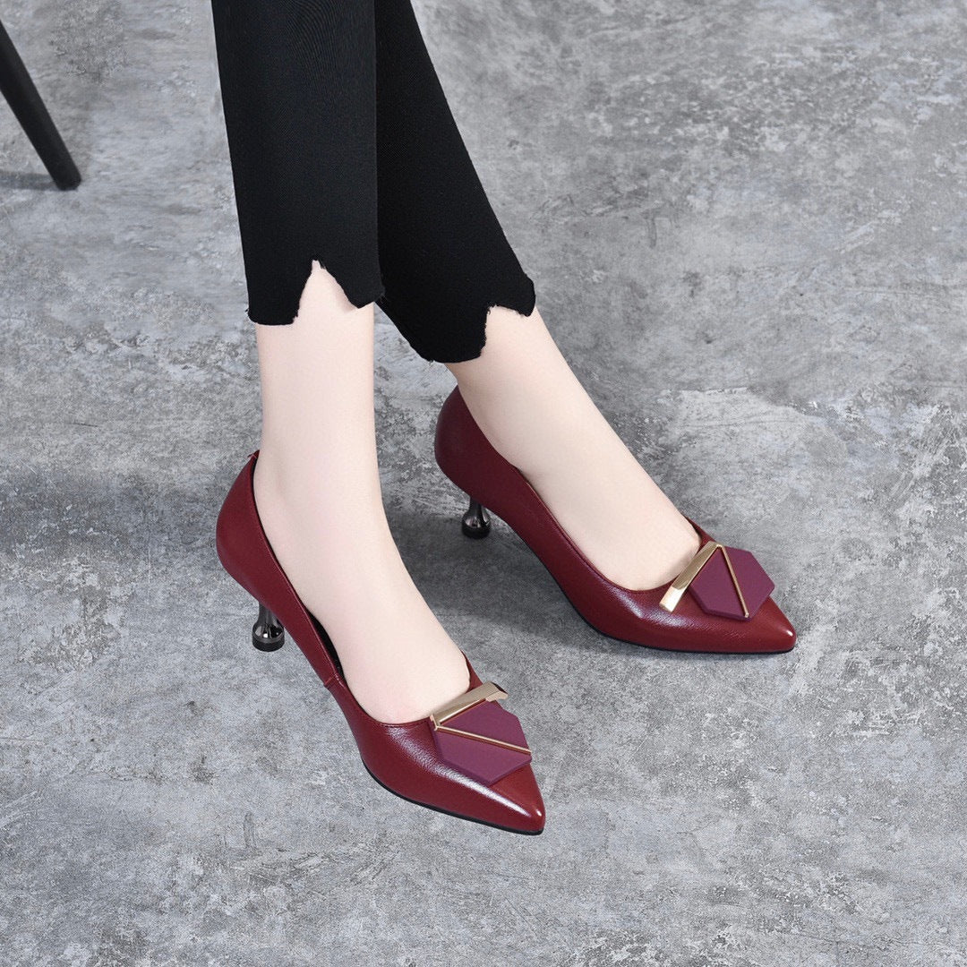 Women's shoes early spring new style pointed toe shallow mouth single toe layer cowhide seven-word buckle high heels stiletto women's work shoes