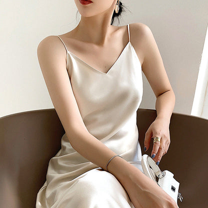 binfenxie-shop dress Acetate Satin Sling Dress Women's Summer Thin Slit Skirt Two-Piece Set