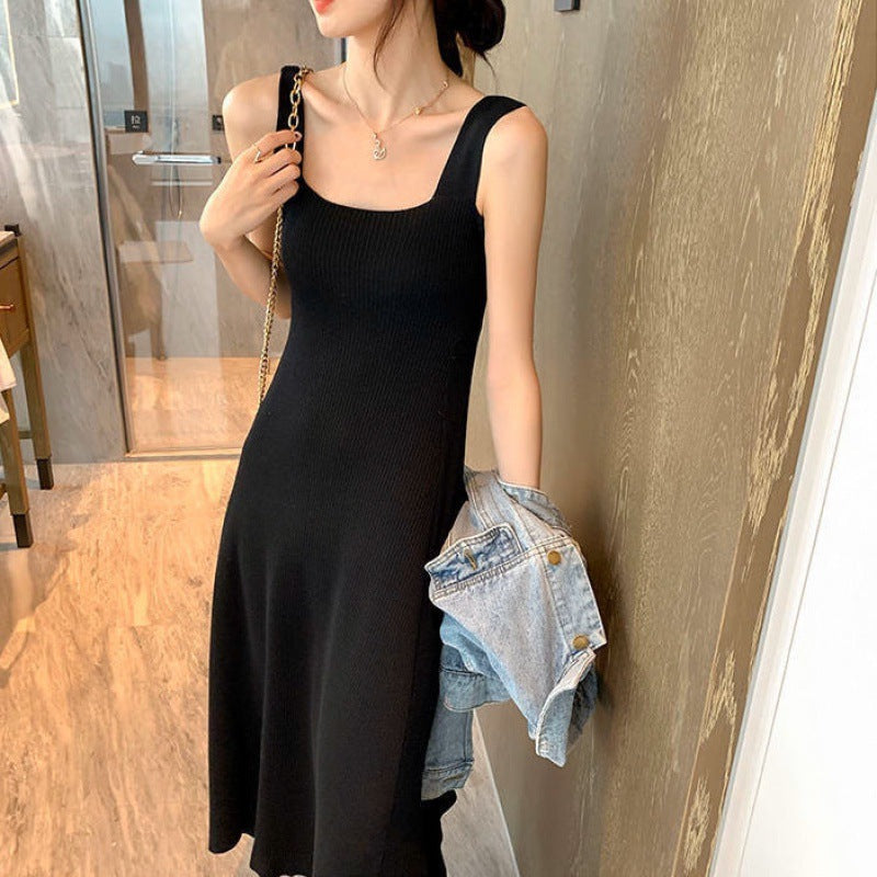 binfenxie-shop outfit inspo fall Black Suspender Skirt Bottoming Knitted Sling Dress Vest Skirt for Women New Slim Slimming Midi Dress