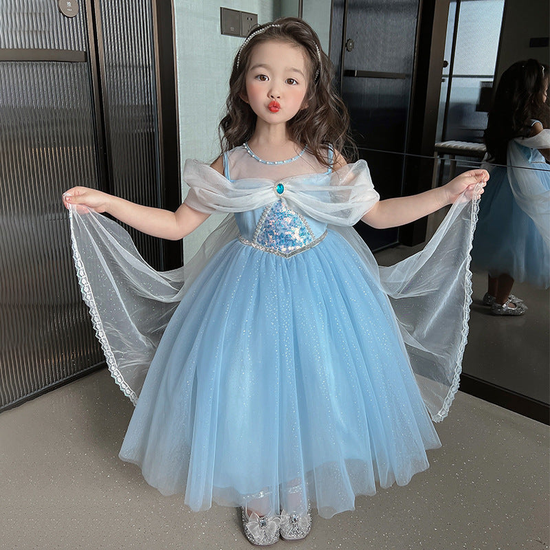 Girls' Temperament Elsa's Princess Dress Summer Short Sleeve Little Girl Western Style off-the-Shoulder Mesh Dress Birthday Dress