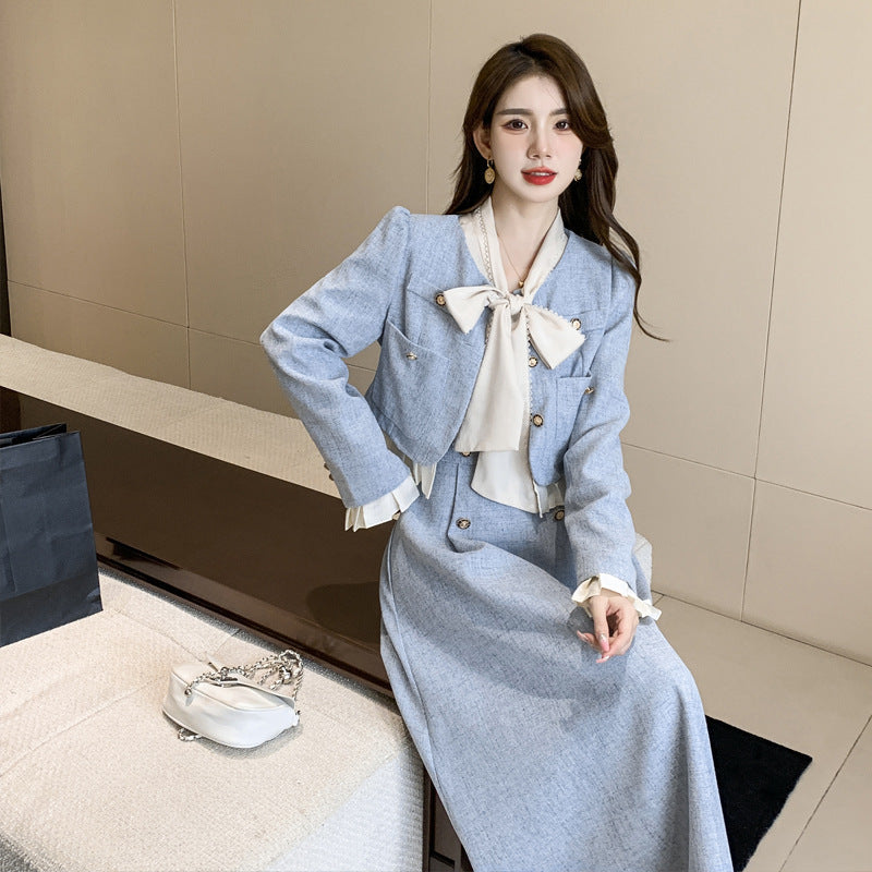 binfenxie-shop work outfits women French Style Chanel Style Elegant Socialite Western Style Blue Dress Two-Piece Suit New Women's Autumn