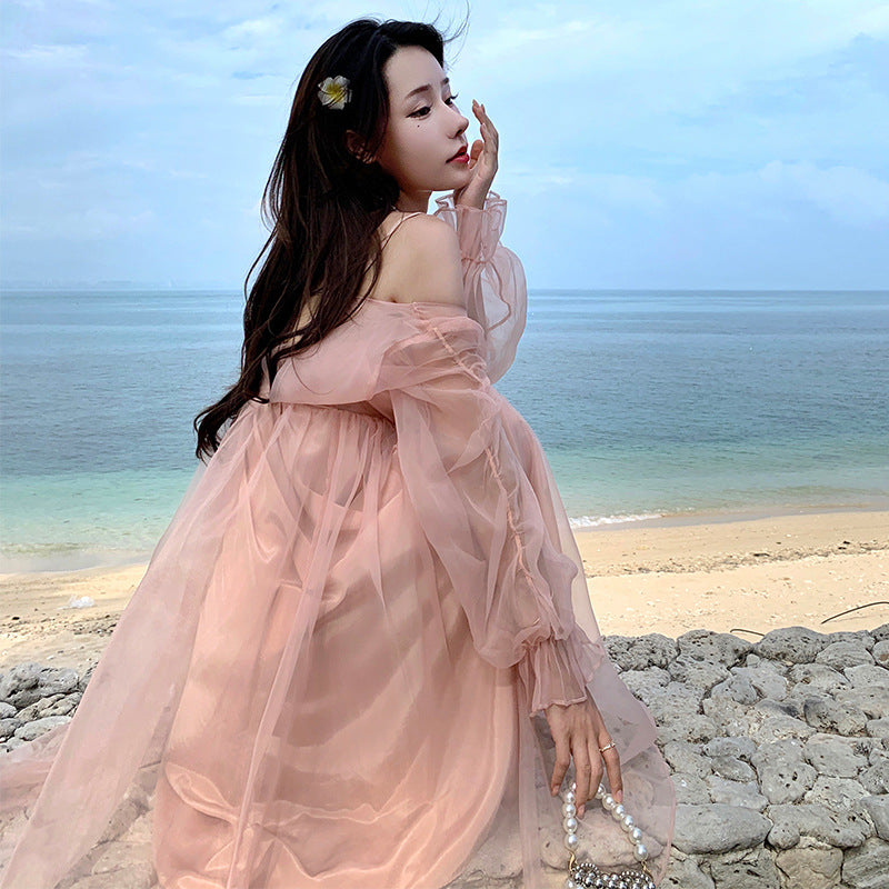 binfenxie-shop detective vs suspect dress to impress French Style Sexy High-Grade Strap Pink Mori Fairy Dress Sanya Seaside Vacation Photography Beach Dress for Women