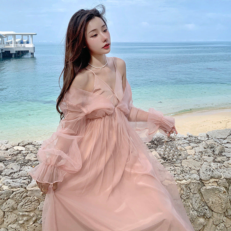 binfenxie-shop detective vs suspect dress to impress French Style Sexy High-Grade Strap Pink Mori Fairy Dress Sanya Seaside Vacation Photography Beach Dress for Women